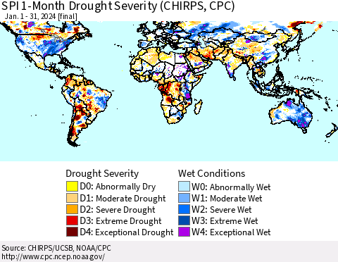 World SPI 1-Month Drought Severity (CHIRPS) Thematic Map For 1/1/2024 - 1/31/2024