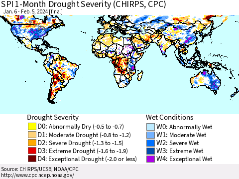 World SPI 1-Month Drought Severity (CHIRPS) Thematic Map For 1/6/2024 - 2/5/2024