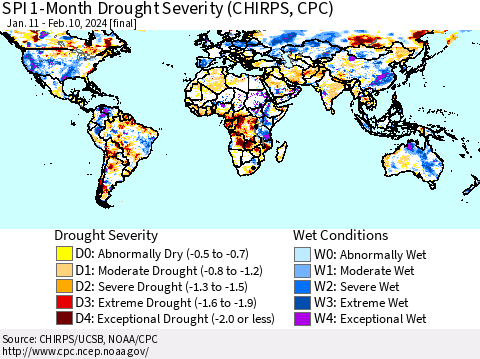 World SPI 1-Month Drought Severity (CHIRPS) Thematic Map For 1/11/2024 - 2/10/2024