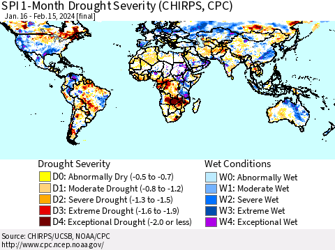 World SPI 1-Month Drought Severity (CHIRPS) Thematic Map For 1/16/2024 - 2/15/2024