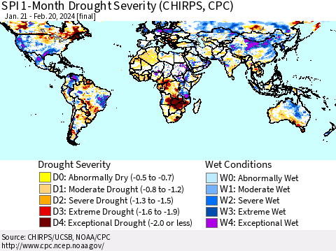 World SPI 1-Month Drought Severity (CHIRPS) Thematic Map For 1/21/2024 - 2/20/2024
