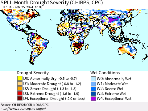 World SPI 1-Month Drought Severity (CHIRPS) Thematic Map For 1/26/2024 - 2/25/2024
