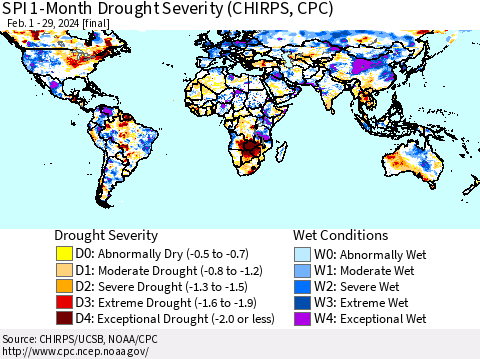 World SPI 1-Month Drought Severity (CHIRPS) Thematic Map For 2/1/2024 - 2/29/2024