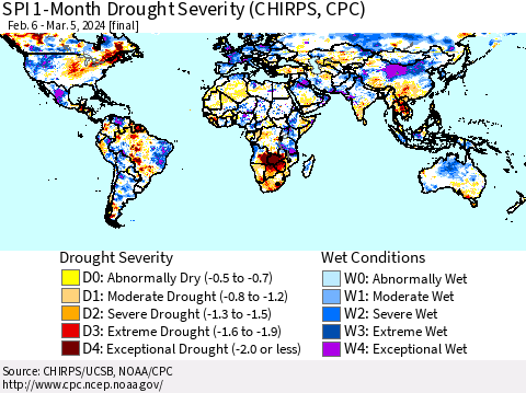 World SPI 1-Month Drought Severity (CHIRPS) Thematic Map For 2/6/2024 - 3/5/2024