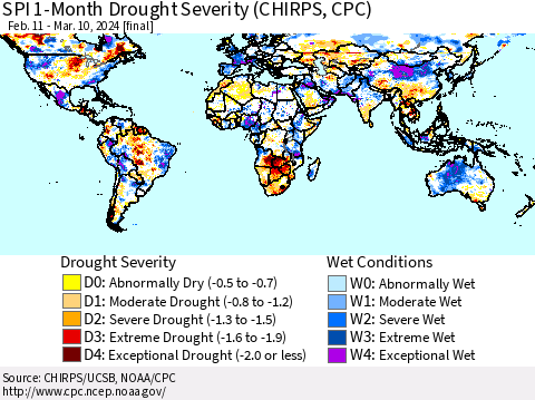 World SPI 1-Month Drought Severity (CHIRPS) Thematic Map For 2/11/2024 - 3/10/2024