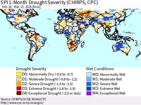 World SPI 1-Month Drought Severity (CHIRPS) Thematic Map For 2/16/2024 - 3/15/2024