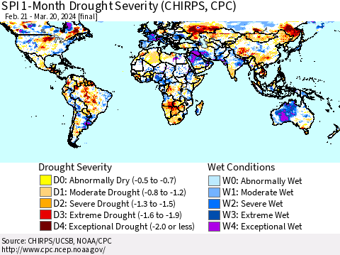 World SPI 1-Month Drought Severity (CHIRPS) Thematic Map For 2/21/2024 - 3/20/2024