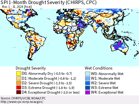 World SPI 1-Month Drought Severity (CHIRPS) Thematic Map For 3/1/2024 - 3/31/2024