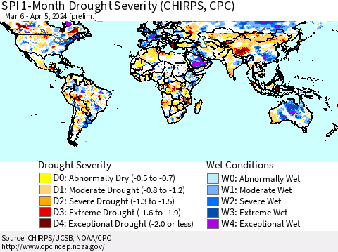 World SPI 1-Month Drought Severity (CHIRPS) Thematic Map For 3/6/2024 - 4/5/2024