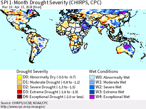 World SPI 1-Month Drought Severity (CHIRPS) Thematic Map For 3/16/2024 - 4/15/2024