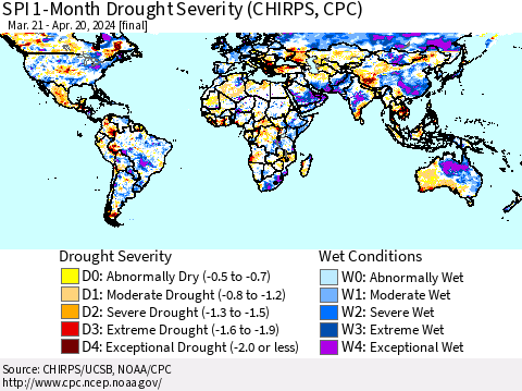 World SPI 1-Month Drought Severity (CHIRPS) Thematic Map For 3/21/2024 - 4/20/2024