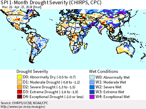 World SPI 1-Month Drought Severity (CHIRPS) Thematic Map For 3/26/2024 - 4/25/2024