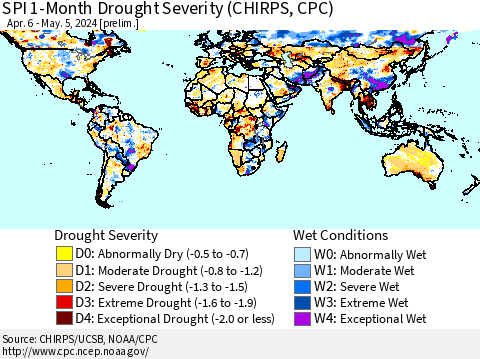 World SPI 1-Month Drought Severity (CHIRPS) Thematic Map For 4/6/2024 - 5/5/2024