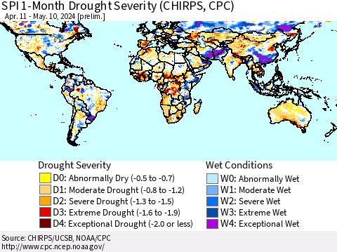 World SPI 1-Month Drought Severity (CHIRPS) Thematic Map For 4/11/2024 - 5/10/2024