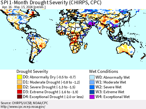World SPI 1-Month Drought Severity (CHIRPS) Thematic Map For 4/16/2024 - 5/15/2024