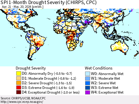 World SPI 1-Month Drought Severity (CHIRPS) Thematic Map For 4/21/2024 - 5/20/2024