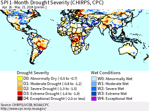 World SPI 1-Month Drought Severity (CHIRPS) Thematic Map For 4/26/2024 - 5/25/2024