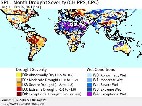 World SPI 1-Month Drought Severity (CHIRPS) Thematic Map For 8/11/2024 - 9/10/2024