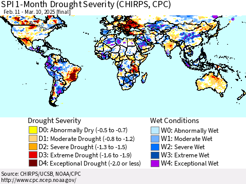 World SPI 1-Month Drought Severity (CHIRPS) Thematic Map For 2/11/2025 - 3/10/2025