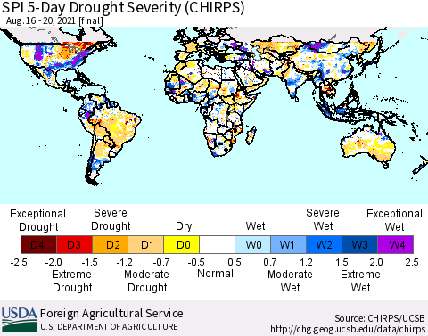 World SPI 5-Day Drought Severity (CHIRPS) Thematic Map For 8/16/2021 - 8/20/2021