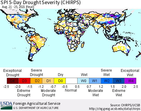 World SPI 5-Day Drought Severity (CHIRPS) Thematic Map For 8/21/2021 - 8/25/2021