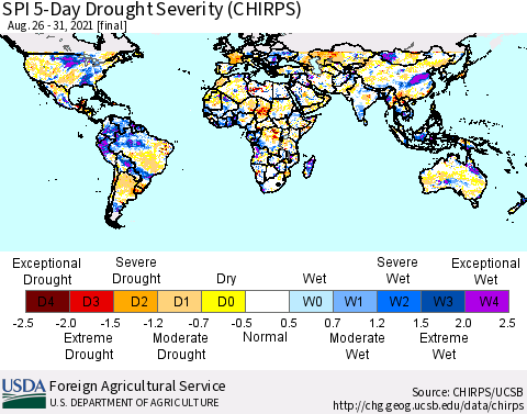 World SPI 5-Day Drought Severity (CHIRPS) Thematic Map For 8/26/2021 - 8/31/2021