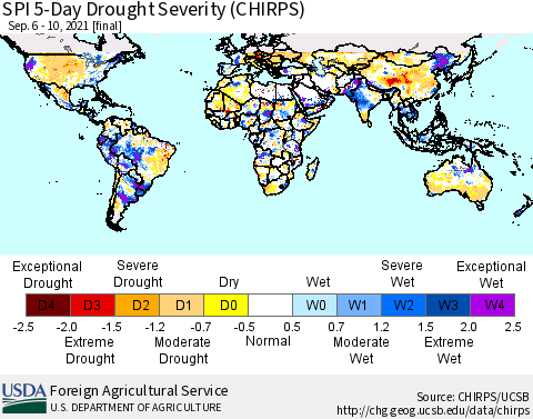 World SPI 5-Day Drought Severity (CHIRPS) Thematic Map For 9/6/2021 - 9/10/2021