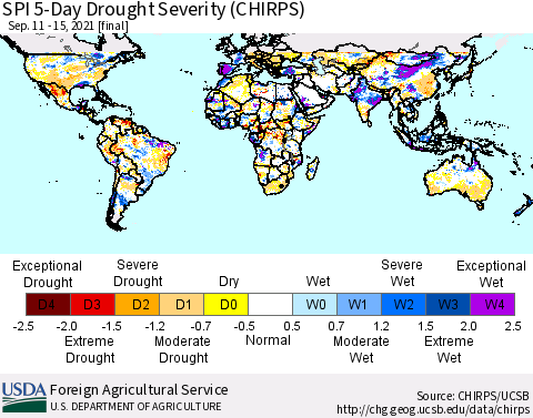 World SPI 5-Day Drought Severity (CHIRPS) Thematic Map For 9/11/2021 - 9/15/2021