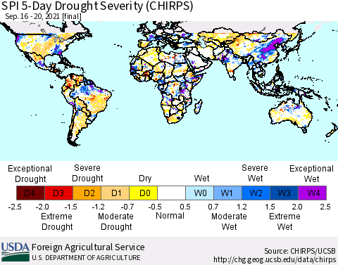 World SPI 5-Day Drought Severity (CHIRPS) Thematic Map For 9/16/2021 - 9/20/2021