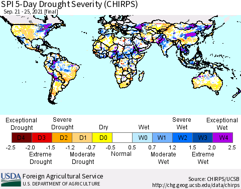 World SPI 5-Day Drought Severity (CHIRPS) Thematic Map For 9/21/2021 - 9/25/2021