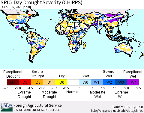 World SPI 5-Day Drought Severity (CHIRPS) Thematic Map For 10/1/2021 - 10/5/2021