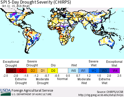 World SPI 5-Day Drought Severity (CHIRPS) Thematic Map For 10/11/2021 - 10/15/2021