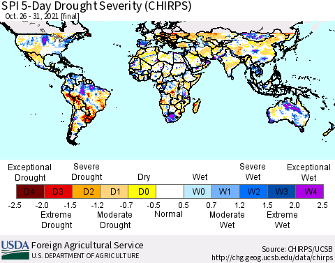 World SPI 5-Day Drought Severity (CHIRPS) Thematic Map For 10/26/2021 - 10/31/2021