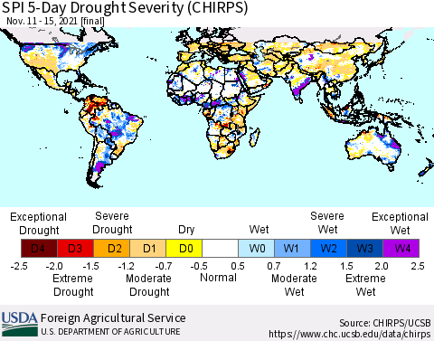 World SPI 5-Day Drought Severity (CHIRPS) Thematic Map For 11/11/2021 - 11/15/2021