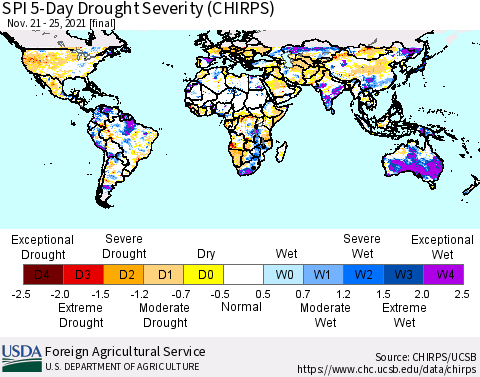 World SPI 5-Day Drought Severity (CHIRPS) Thematic Map For 11/21/2021 - 11/25/2021