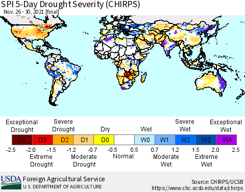World SPI 5-Day Drought Severity (CHIRPS) Thematic Map For 11/26/2021 - 11/30/2021