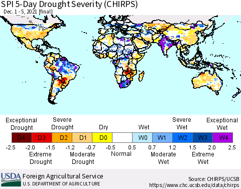 World SPI 5-Day Drought Severity (CHIRPS) Thematic Map For 12/1/2021 - 12/5/2021