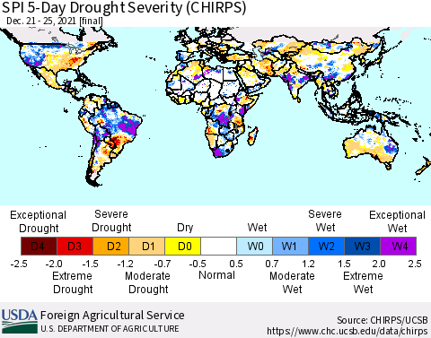 World SPI 5-Day Drought Severity (CHIRPS) Thematic Map For 12/21/2021 - 12/25/2021