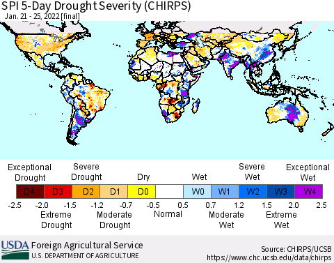 World SPI 5-Day Drought Severity (CHIRPS) Thematic Map For 1/21/2022 - 1/25/2022