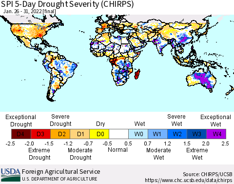 World SPI 5-Day Drought Severity (CHIRPS) Thematic Map For 1/26/2022 - 1/31/2022