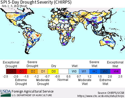 World SPI 5-Day Drought Severity (CHIRPS) Thematic Map For 2/1/2022 - 2/5/2022