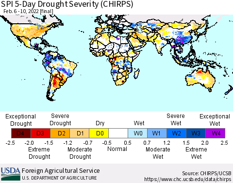 World SPI 5-Day Drought Severity (CHIRPS) Thematic Map For 2/6/2022 - 2/10/2022