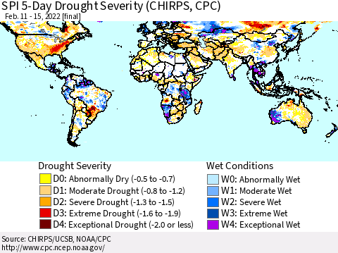 World SPI 5-Day Drought Severity (CHIRPS) Thematic Map For 2/11/2022 - 2/15/2022