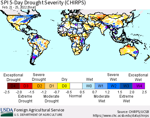 World SPI 5-Day Drought Severity (CHIRPS) Thematic Map For 2/21/2022 - 2/25/2022