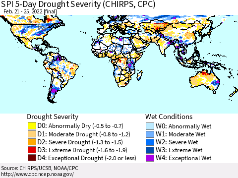 World SPI 5-Day Drought Severity (CHIRPS) Thematic Map For 2/21/2022 - 2/25/2022