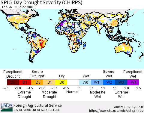 World SPI 5-Day Drought Severity (CHIRPS) Thematic Map For 2/26/2022 - 2/28/2022
