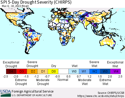 World SPI 5-Day Drought Severity (CHIRPS) Thematic Map For 3/6/2022 - 3/10/2022