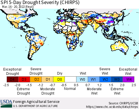 World SPI 5-Day Drought Severity (CHIRPS) Thematic Map For 3/16/2022 - 3/20/2022