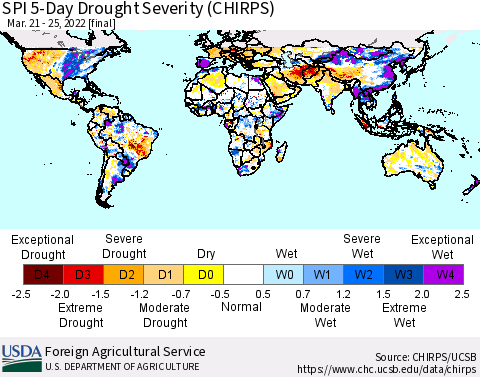 World SPI 5-Day Drought Severity (CHIRPS) Thematic Map For 3/21/2022 - 3/25/2022