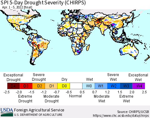World SPI 5-Day Drought Severity (CHIRPS) Thematic Map For 4/1/2022 - 4/5/2022